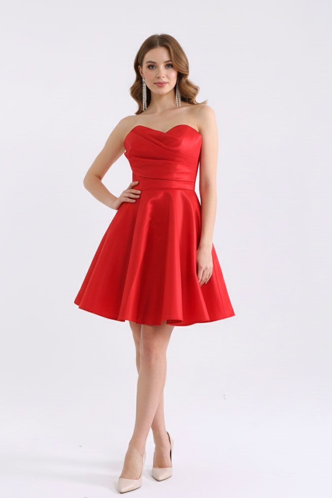 Червена парти рокля от сатен с бюстие "Red Bella"